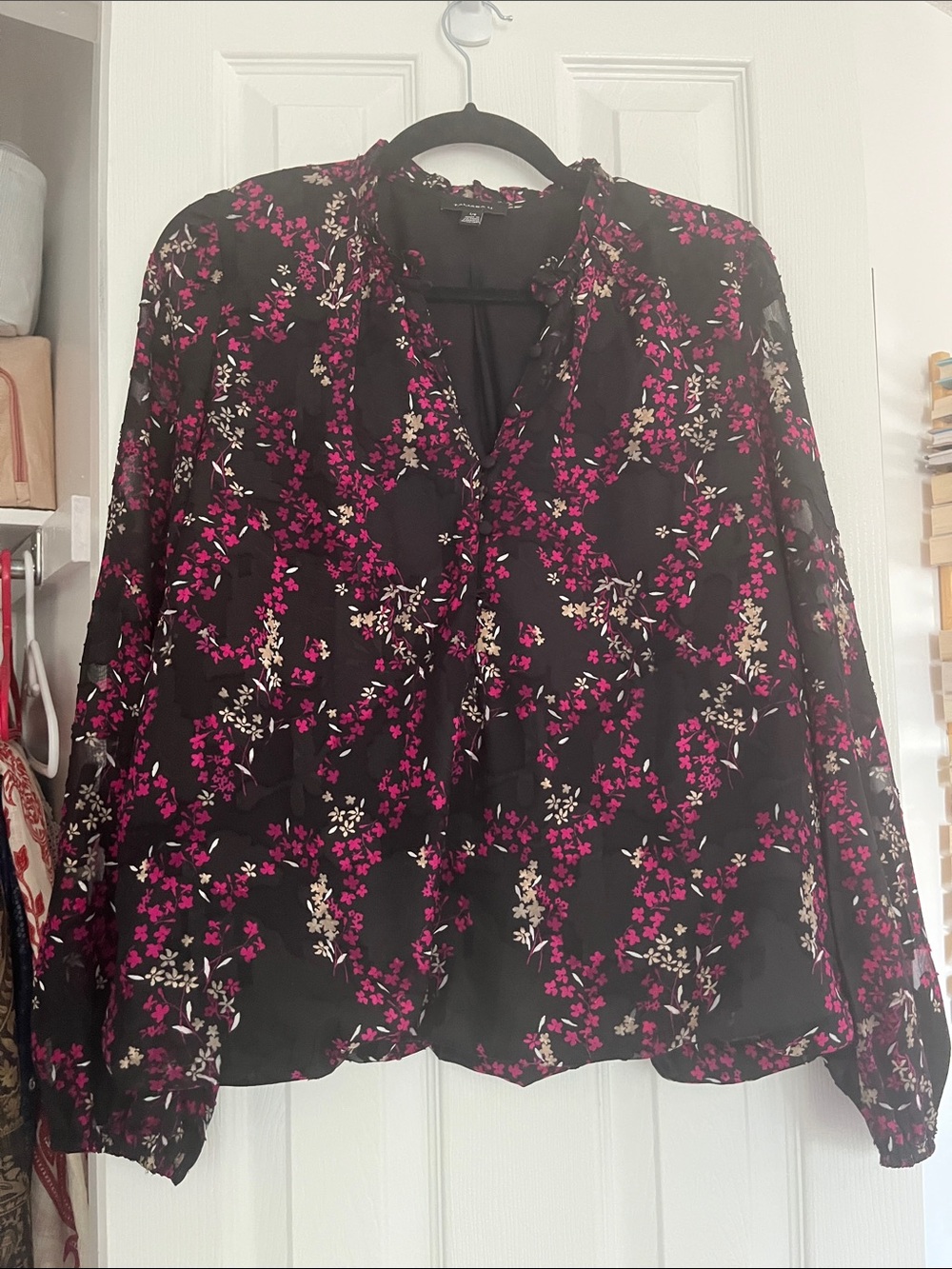 Tamara H. Women's Black Floral V-Neck Blouse with Pink & Cream Accents